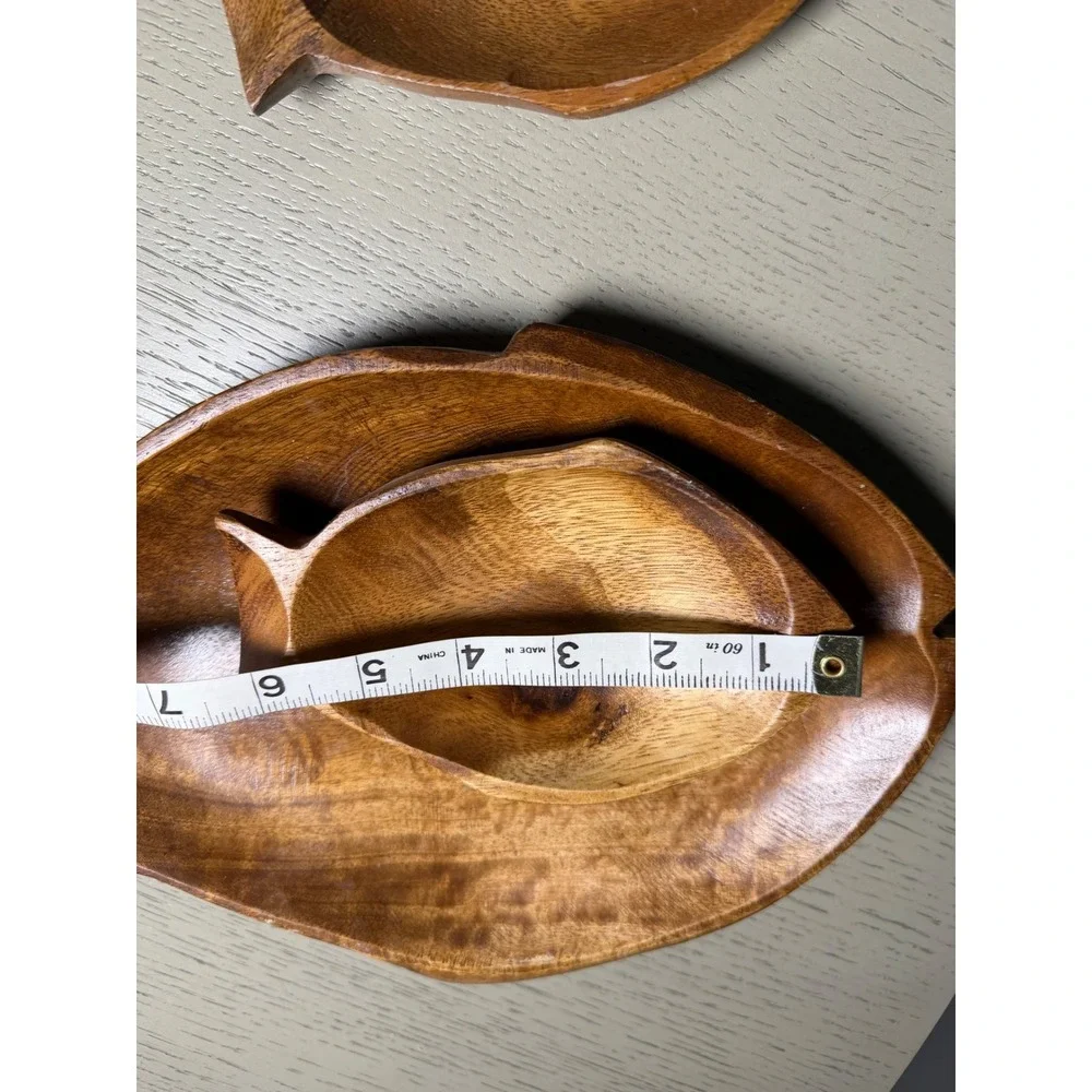 Vintage Hand Carved Acacia Wood Fish Serving Set Platter and Bowls 3 Piece Brown